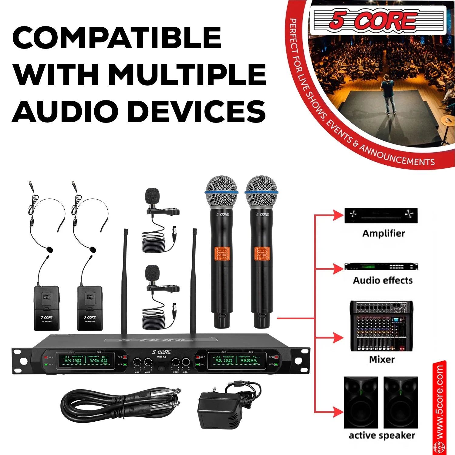 5Core Wireless Microphones Set 4 Channel UHF Microfono Inalambrico Max 260Ft Range W 2 Handheld 2 Lapel 2 Headset Mic