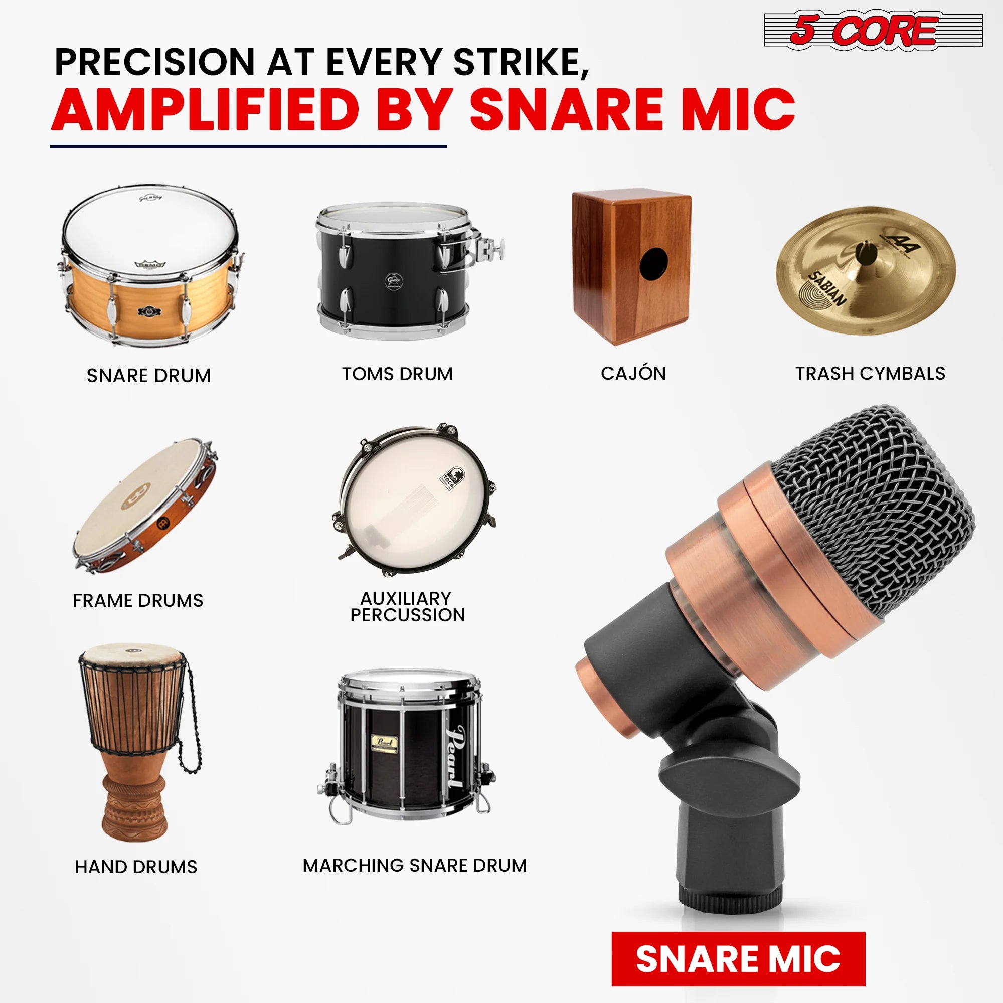 5 Core Snare Microphone XLR Wired Uni Directional Tom Drum and Other Musical Instrument Mic