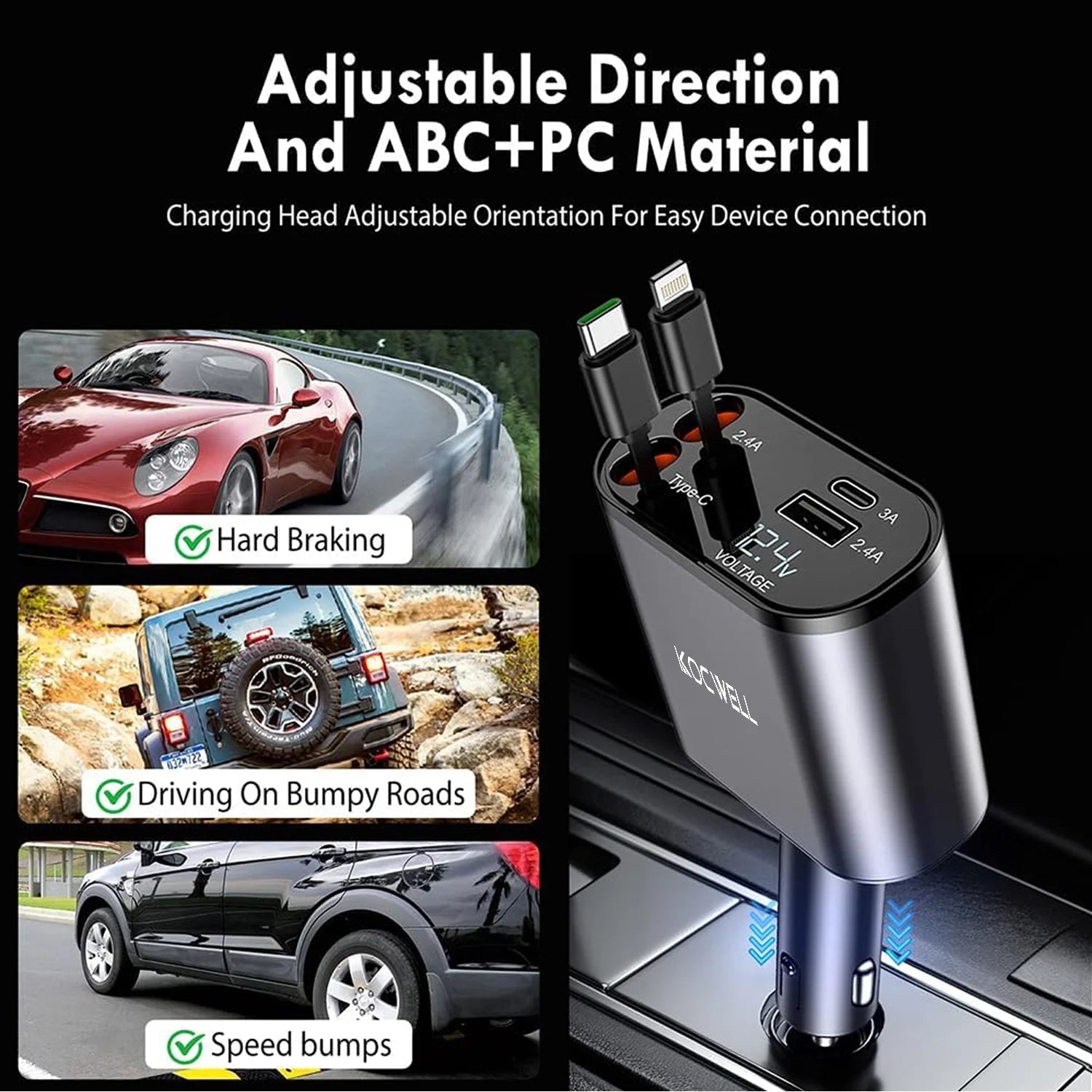 Retractable Car Charger, 100W 4 in 1 Super Fast Charge Car Phone Charger,Retractable Cables (31.5 Inch) and 2 USB Ports Car Charger Adapter for Iphone 15/14/13/12 Pro Max Xr,Ipad,Samsung,Pixel