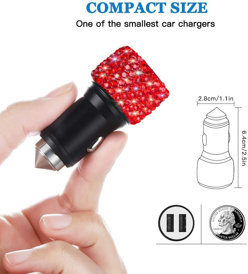 Dual USB Car Charger, Car Adapter Bling Bling Rhinestones Crystal Car Decorations for Fast Charging Car Decors for Iphone Xs Max X Plus, Ipad Pro/Mini, Samsung