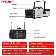5Core Fog Machine Indoor Outdoor 1500W 6000CFM Fogger Smoke Machine W LED 2.5 L Tank Remote
