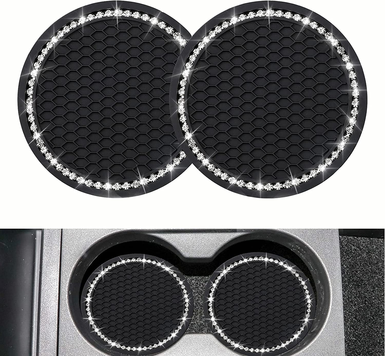 2PCS Bling Car Cup Coaster, Universal Vehicle Cup Holder Insert Coaster, 2.75 Inch Rhinestone anti Slip Silicone Car Accessories, Suitable for Most Car Interior, Gift for Women
