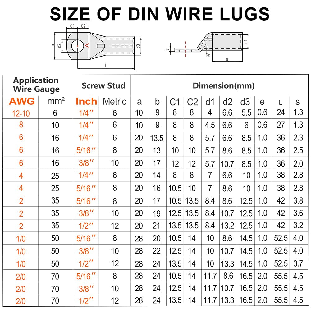 2/0 Gauge Wire Lugs 5/16" Stud (M8) 4Pcs UL Heavy Duty Battery Cable Lugs 2/0 AWG 5/16" Cable Ends Copper Lugs Ring Terminal Connectors DIN 46235