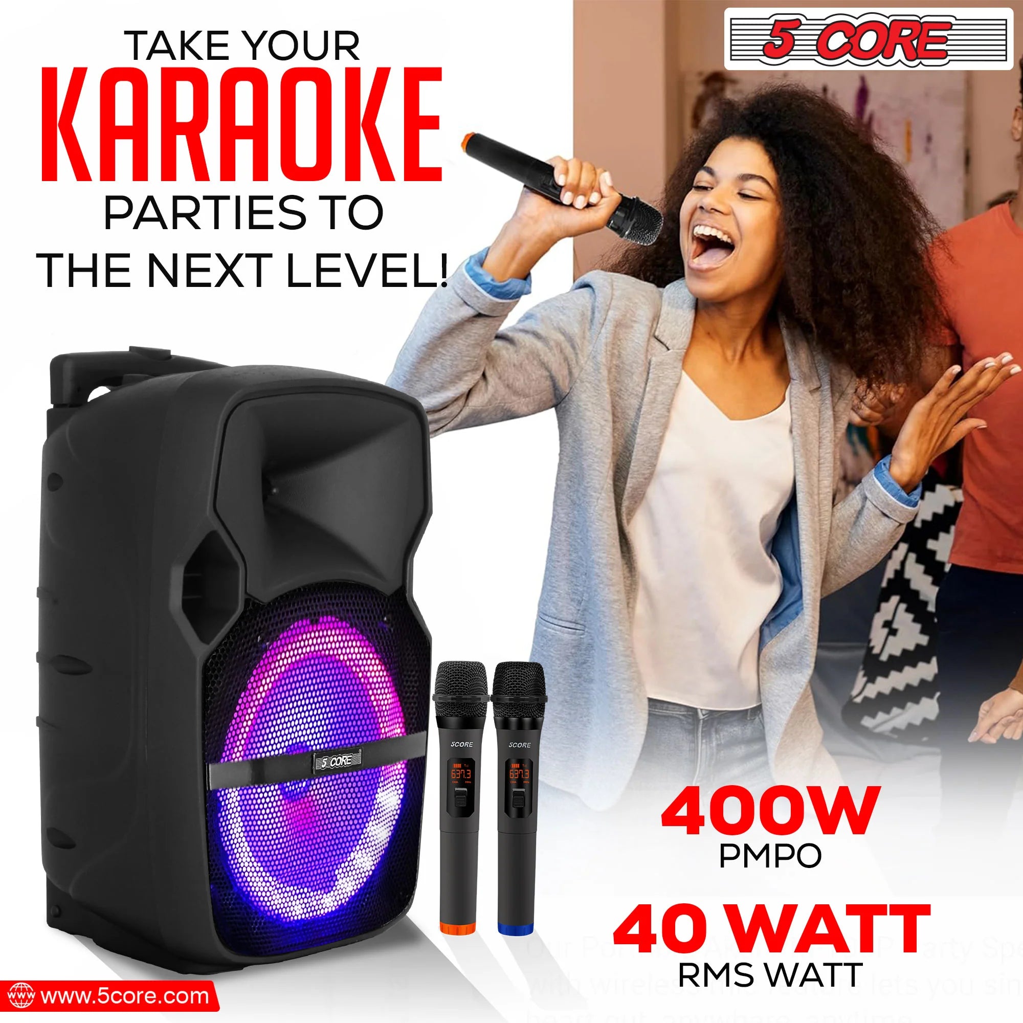 5 Core 10 Inch BT DJ Speakers 400W Portable PA System Rechargeable Speaker W/ Tripod Stand & 2 Wireless Mics