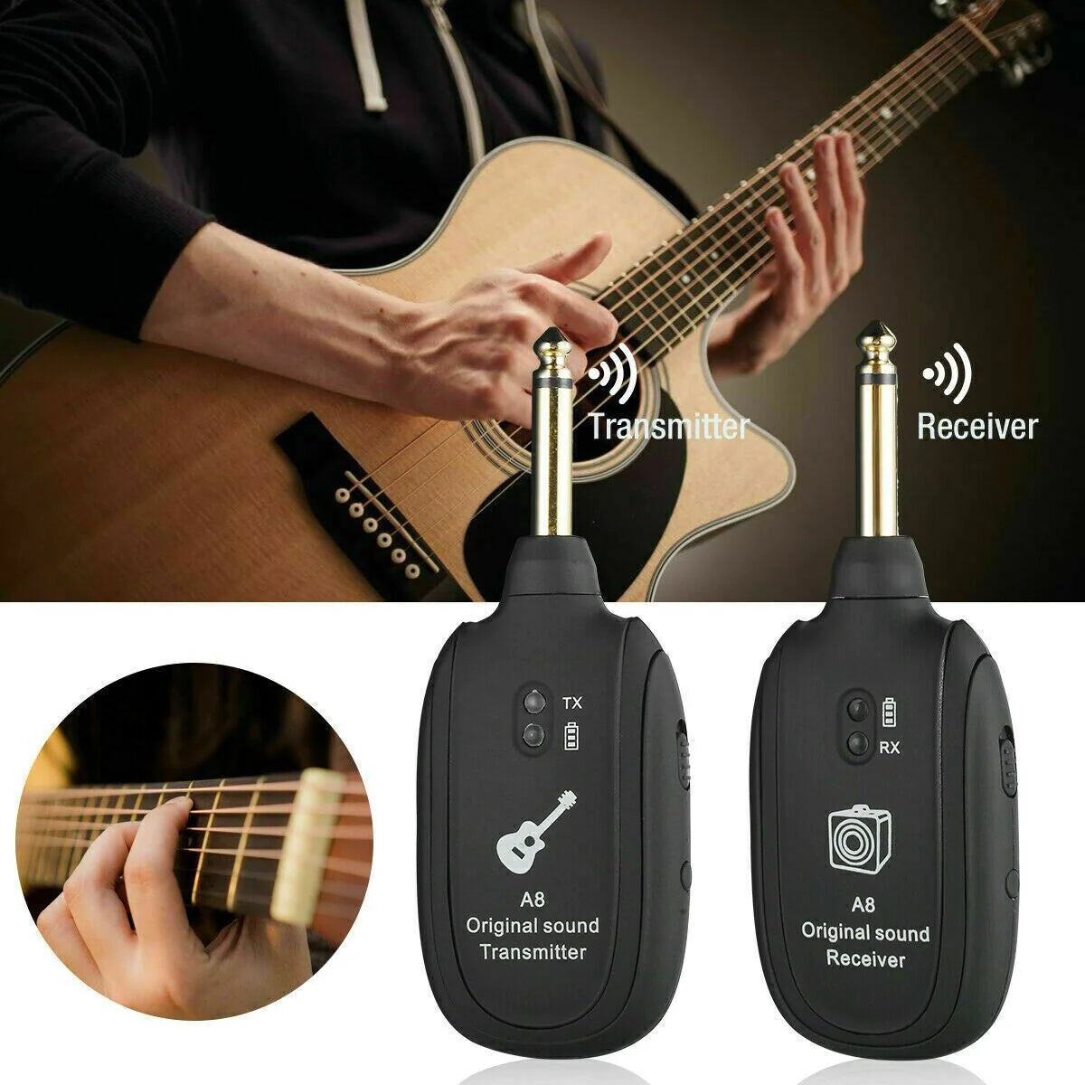 UHF Guitar Wireless System Transmitter+Receiver Built in Rechargeable Battery