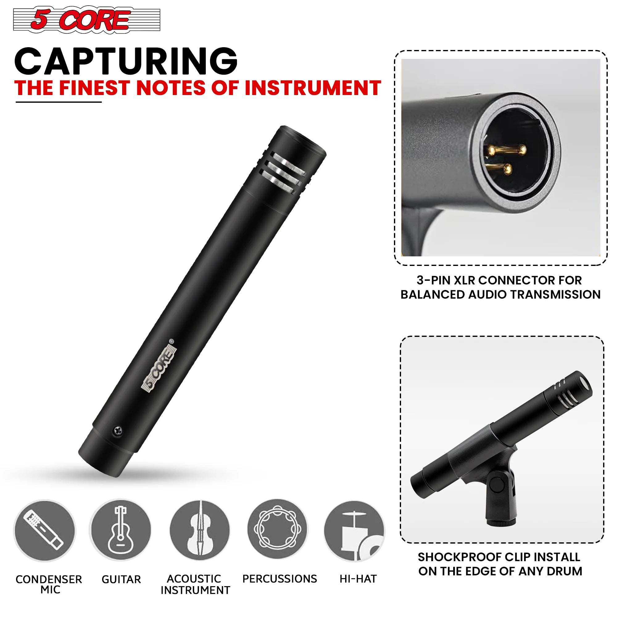 5Core Instrument Microphone Professional Pencil Condenser XLR Mic W Cardioid Uni Directional Pickup