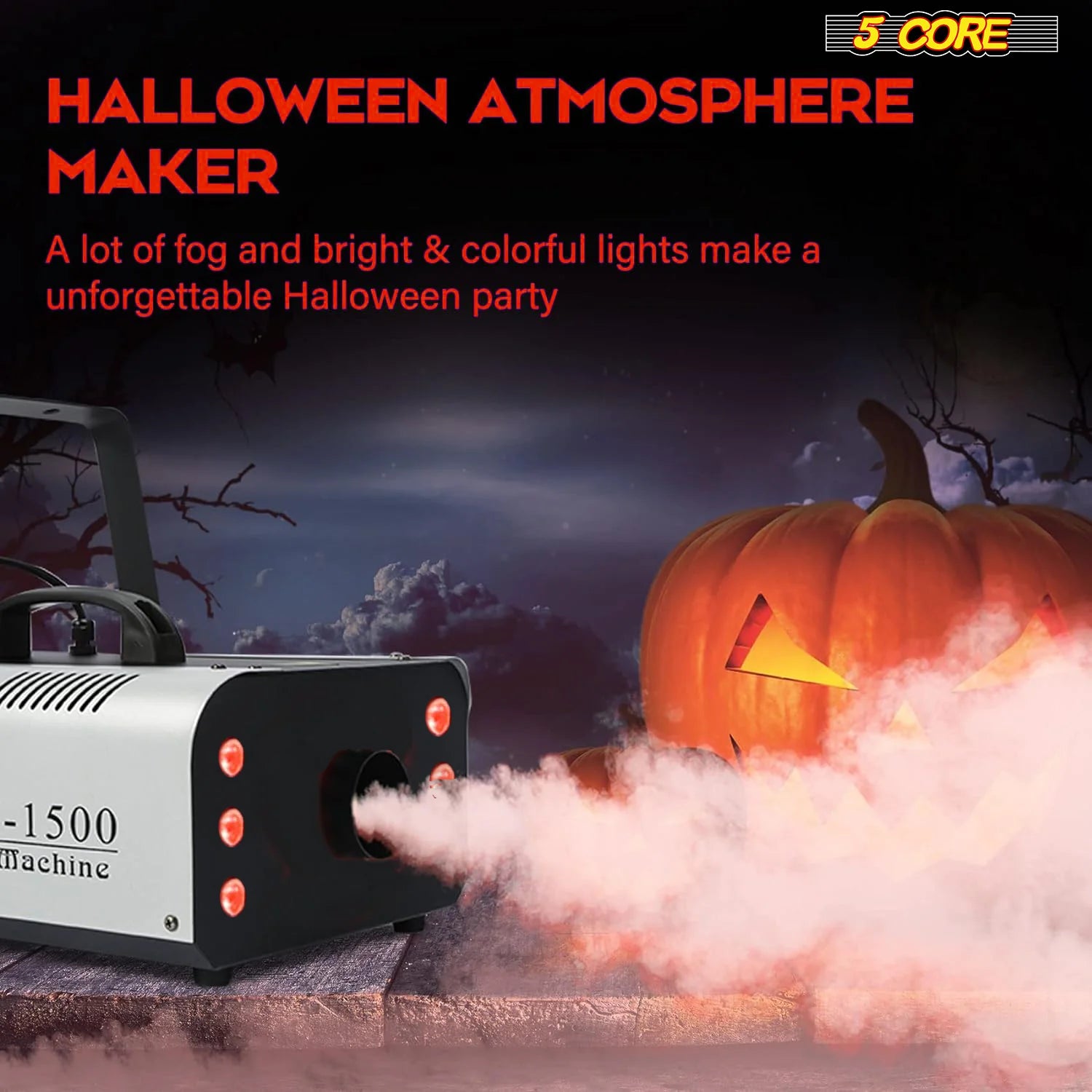 5Core Fog Machine Indoor Outdoor 1500W 6000CFM Fogger Smoke Machine W LED 2.5 L Tank Remote