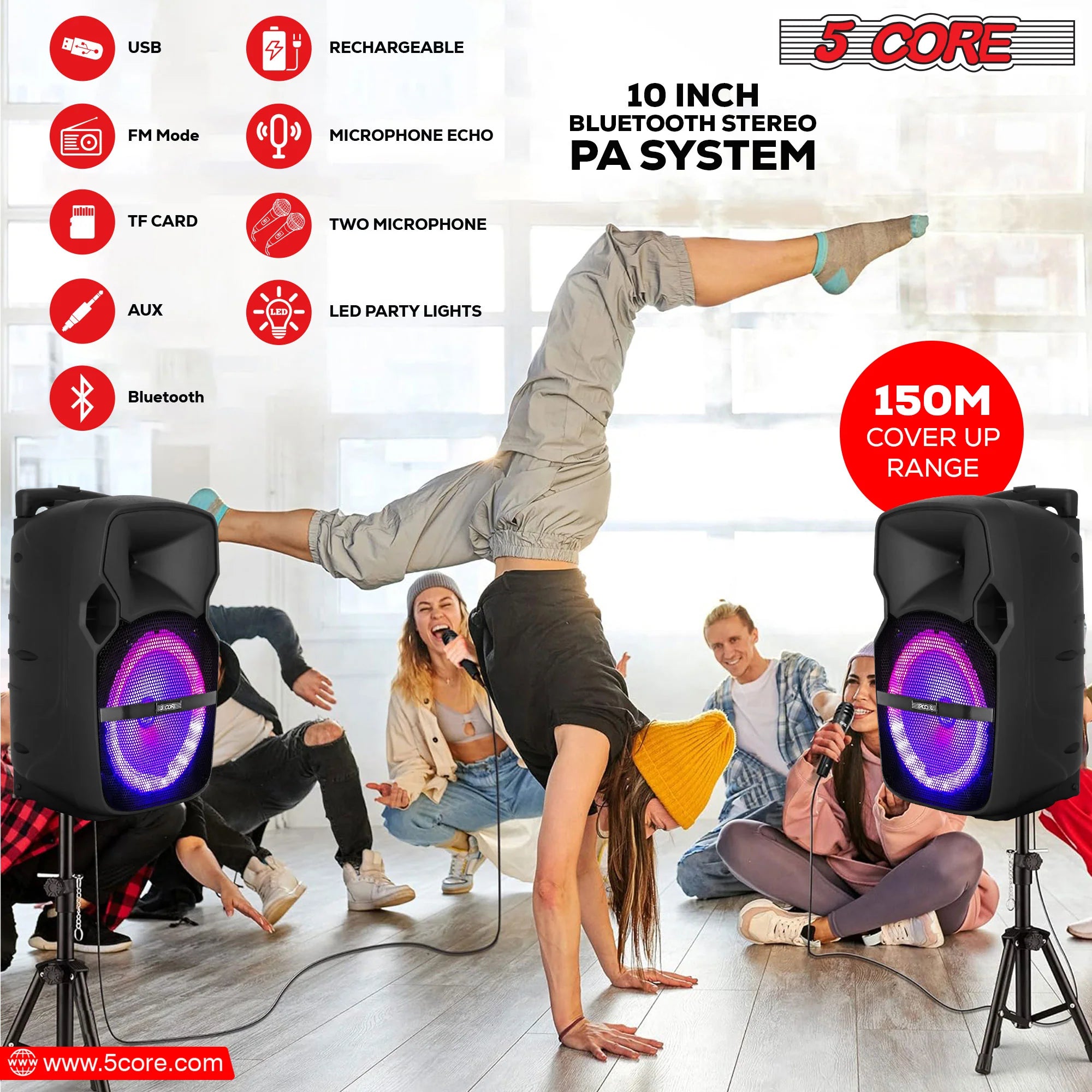 5 Core 10 Inch BT DJ Speakers 400W Portable PA System Rechargeable Speaker W/ Tripod Stand & 2 Wireless Mics