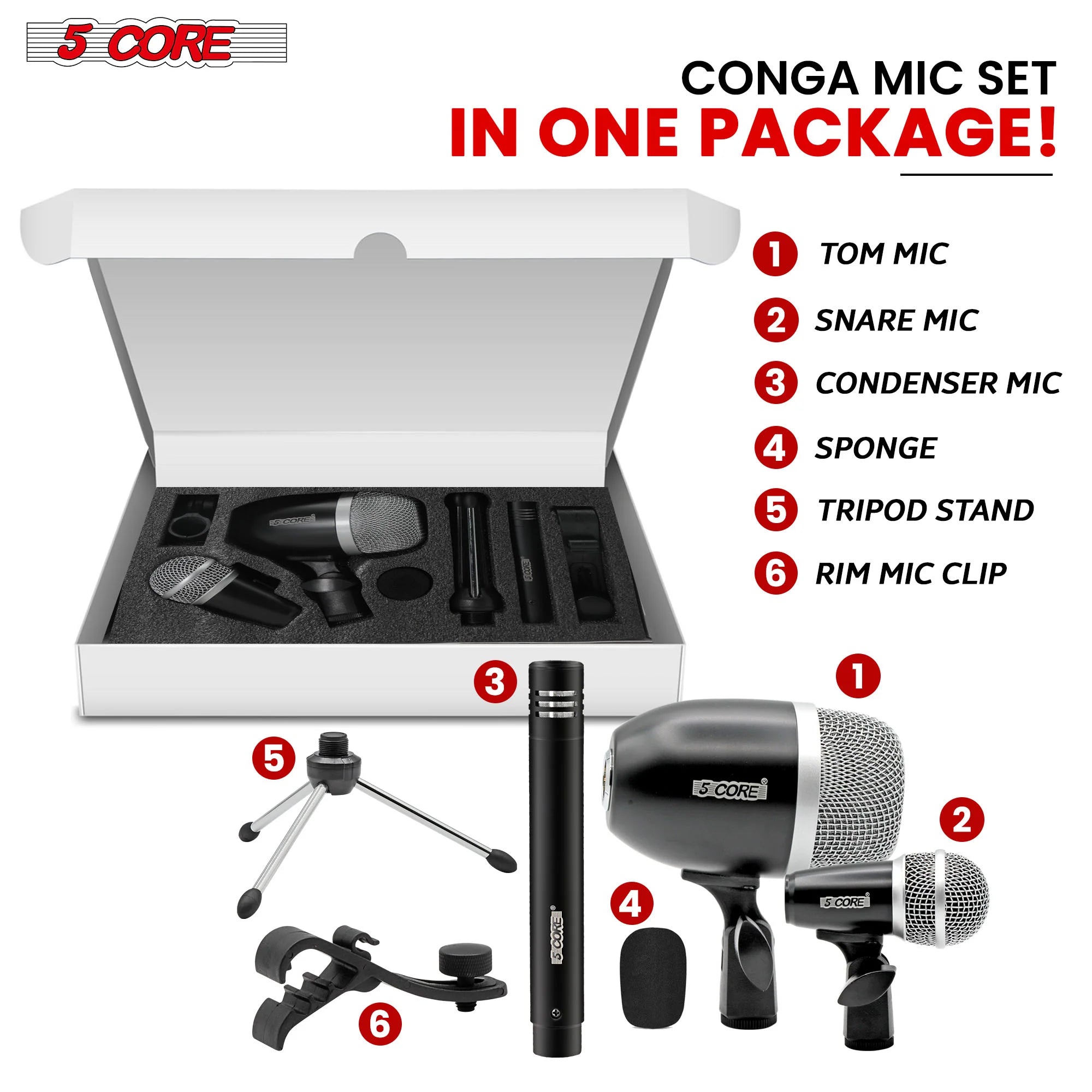 5Core Conga Mic Snare Tom Cardioid Dynamic Microphone for Drummer Precision Instrument