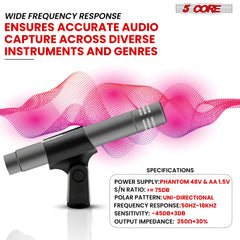 5Core Instrument Microphone Professional Pencil Condenser XLR Mic W Cardioid Uni Directional Pickup