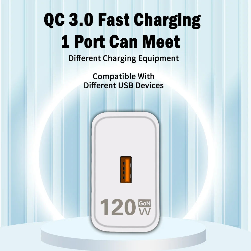 120W Fast Charger Gan USB Fast Charging Mobile Phone Adapter Quick Charge 3.0 Wall Charger 10A Type C Cable for Iphone Xiaomi 13